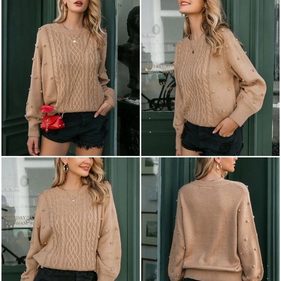 Sweaters - New Camel Pom Pom Pullover Sweater